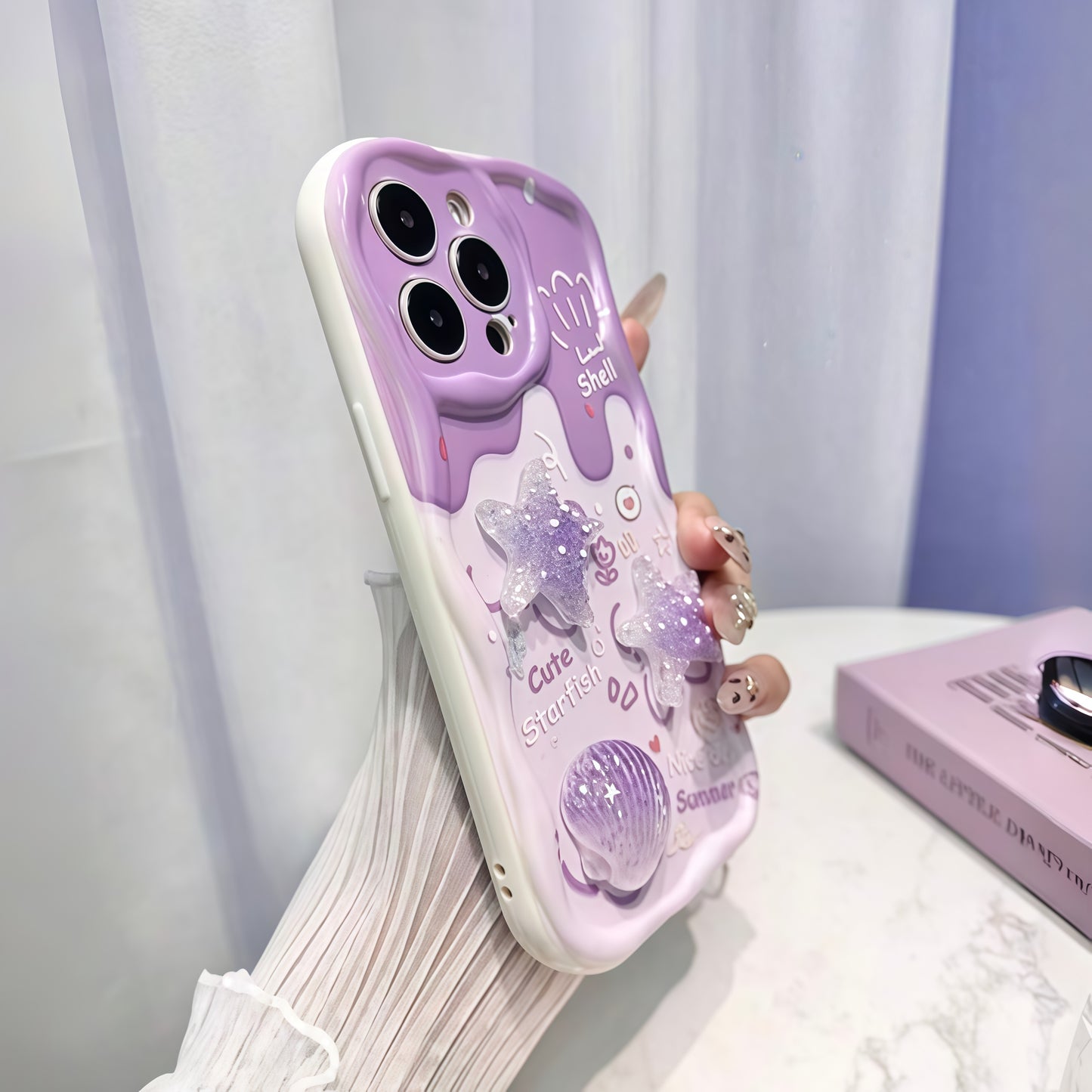Taro Purple Starfish iPhone Case with Flower Lanyard Shockproof Cover