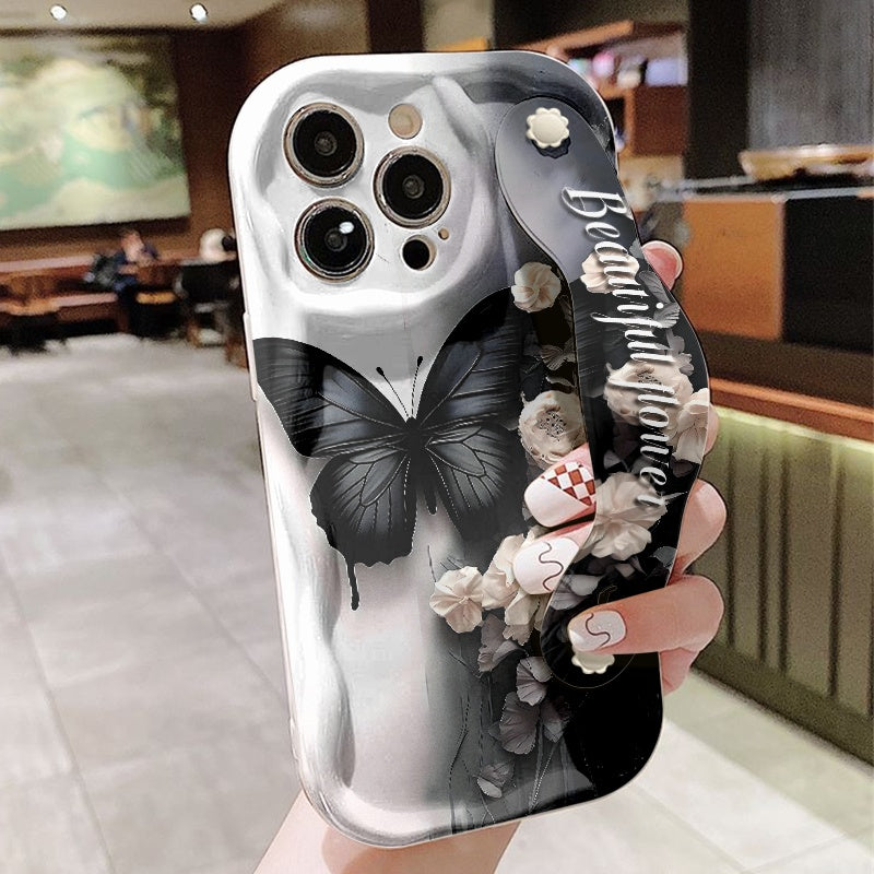 Cute Black & White Butterfly Phone Case with Cream Strap Shockproof Cover