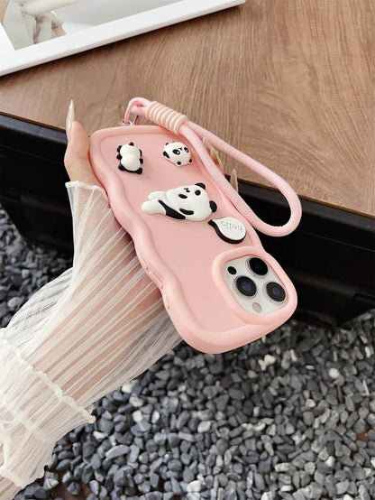 Cute Pink Panda Wave Edge iPhone Case with Lanyard Shockproof Cover