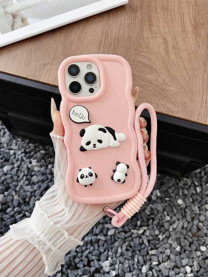 Cute Pink Panda Wave Edge iPhone Case with Lanyard Shockproof Cover