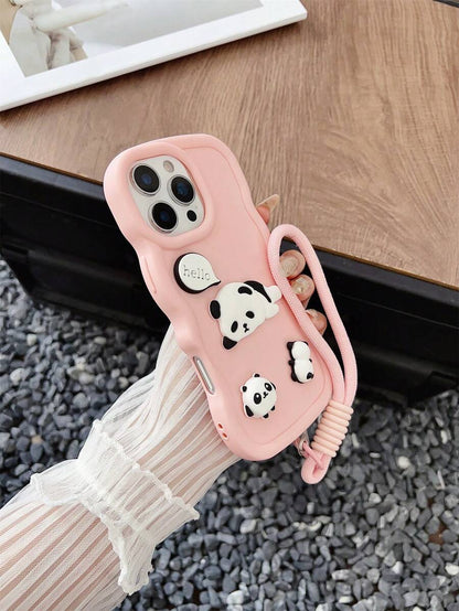 Cute Pink Panda Wave Edge iPhone Case with Lanyard Shockproof Cover