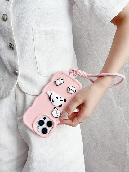 Cute Pink Panda Wave Edge iPhone Case with Lanyard Shockproof Cover