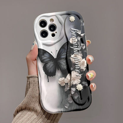 Cute Black & White Butterfly Phone Case with Cream Strap Shockproof Cover