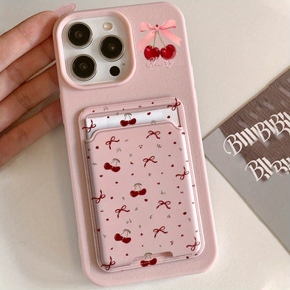Pink Lychee Cherry Card Holder iPhone Case Shockproof Cover