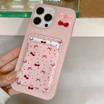 Pink Lychee Cherry Card Holder iPhone Case Shockproof Cover