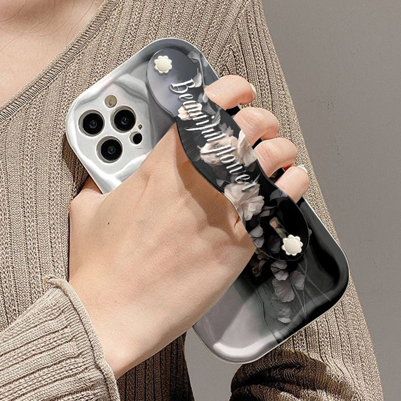 Cute Black & White Butterfly Phone Case with Cream Strap Shockproof Cover