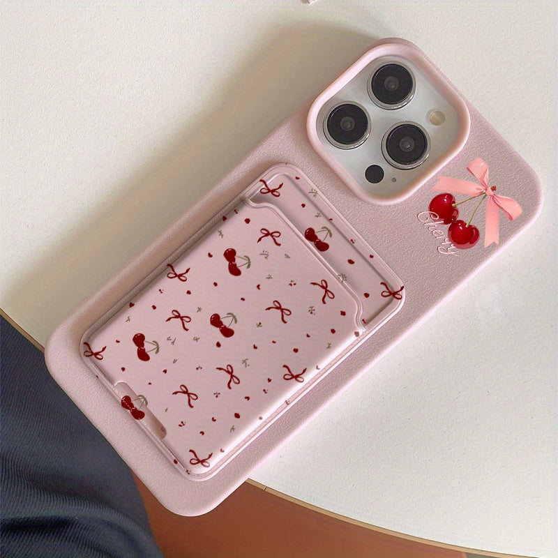 Pink Lychee Cherry Card Holder iPhone Case Shockproof Cover
