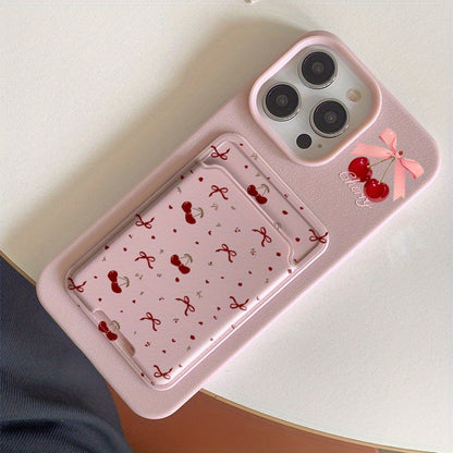 Pink Lychee Cherry Card Holder iPhone Case Shockproof Cover