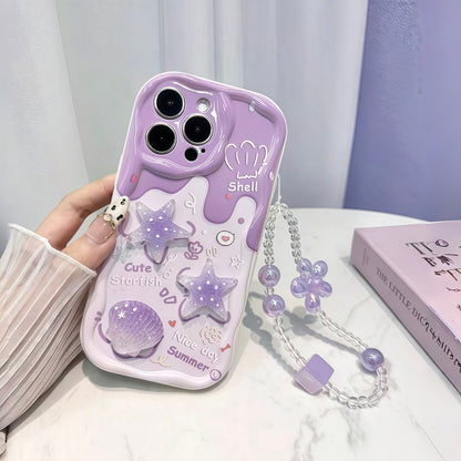 Taro Purple Starfish iPhone Case with Flower Lanyard Shockproof Cover