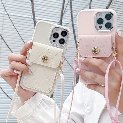 Camellia Wallet Card Holder Crossbody Strap Leather Strap TPU Solid Color Phone Case for iPhone 16 Promax 14 Plus 13 Pro 12 17
