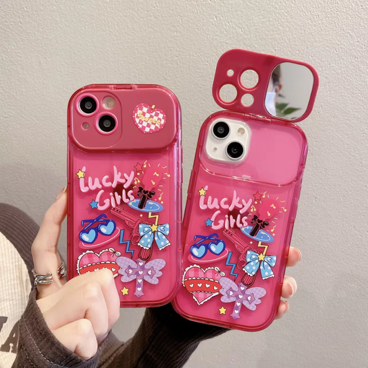 Korean Cute Lucky Girl Flip Mirror iPhone Case Shockproof Cover