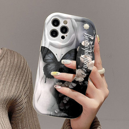 Cute Black & White Butterfly Phone Case with Cream Strap Shockproof Cover