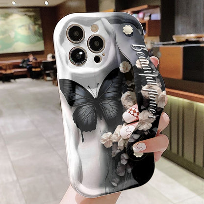Cute Black & White Butterfly Phone Case with Cream Strap Shockproof Cover
