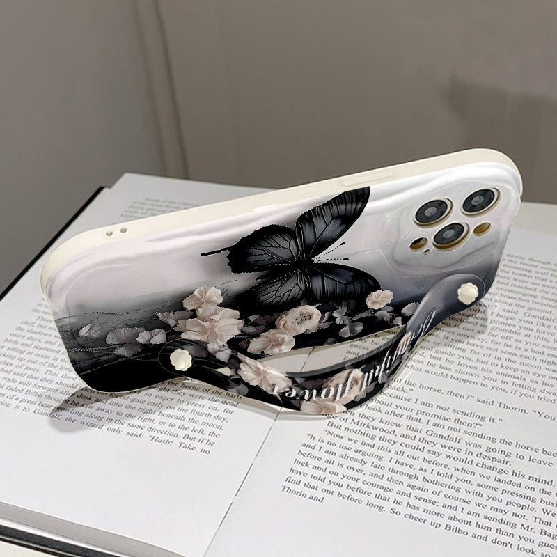 Cute Black & White Butterfly Phone Case with Cream Strap Shockproof Cover