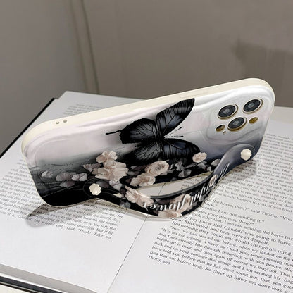 Cute Black & White Butterfly Phone Case with Cream Strap Shockproof Cover